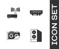 Set Case of computer, Router and wi-fi signal, Video graphic card and RAM, random access memory icon. Vector Royalty Free Stock Photo