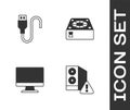 Set Case of computer, USB cable cord, Computer monitor screen and cooler icon. Vector Royalty Free Stock Photo