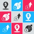 Set Cash location pin, Money and diagram graph and Financial growth and coin icon. Vector