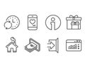 Cash, Update time and Delivery boxes icons. Exit, Love chat and Web traffic signs.