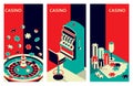 Set of casino banners. Roulette table and slot machine. Chips, drink and ace cards. Vector illustration. Royalty Free Stock Photo