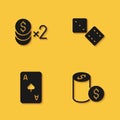 Set Casino chip with dollar, Playing card spades symbol and Game dice icon with long shadow. Vector