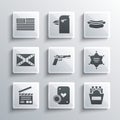 Set Casino chip and playing cards, Potatoes french fries box, Hexagram sheriff, Pistol or gun, Movie clapper, Flag