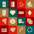 Set Casino chips exchange on stacks of dollars, Game dice, Playing card with diamonds symbol, Stick for, heart, clubs Royalty Free Stock Photo