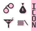 Set Casino chips, Handcuffs, Martini glass and Money bag icon. Vector