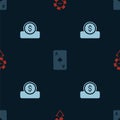 Set Casino chips, Playing card with spades symbol and Coin money dollar on seamless pattern. Vector Royalty Free Stock Photo