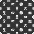 Set Casino chips, Slot machine, Casino poker trophy cup and Deck of playing cards on seamless pattern. Vector Royalty Free Stock Photo