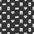 Set Casino dealer, Playing card with clubs, Game dice and Diamond on seamless pattern. Vector