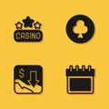 Set Casino signboard, Calendar, Financial growth decrease and Playing card with clubs symbol icon with long shadow