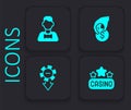 Set Casino signboard, dealer, Hand holding casino chips and icon. Black square button. Vector