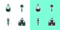 Set Castle, fortress, Old bottle of wine, Torch flame and Medieval chained mace ball icon. Vector