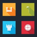 Set Castle, Medieval axe, tower and Round wooden shield icon. Vector Royalty Free Stock Photo