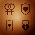 Set Castle in the shape of a heart, Female gender symbol, Mobile phone with heart and Heart with shield on wooden