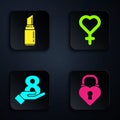 Set Castle in the shape of a heart, Lipstick, 8 March on hand and Female gender symbol. Black square button. Vector