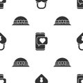 Set Castle in the shape of a heart, Online dating app and chat and Elegant women hat on seamless pattern. Vector