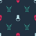 Set Castle tower, Poison in bottle and Medieval shield with swords on seamless pattern. Vector Royalty Free Stock Photo