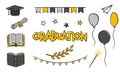 Set of casually drawn elements on the theme of graduation