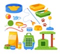 Set of Cat Accessories Couch, Food in Bowl and Package, Toys, Cage and Scratching Post. Leash with Collar, Paw Prints Royalty Free Stock Photo