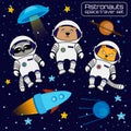 Set of cat, bear and raccoon astronauts cosmonauts rocket, ufo,