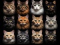 Set of cat faces on black background. A variety of types and colors.