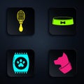 Set Cat, Hair brush for dog and cat, Bag of food for pet and Pet food bowl. Black square button. Vector