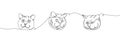 Set of cat heads one line art. Continuous line drawing of pet, mammal, kitten, purebred, breed, friendship, kitty