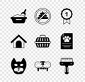 Set Cat litter tray with shovel, No shit, Dog award symbol, tooth, Hair brush for dog and cat, house and Pet carry case Royalty Free Stock Photo