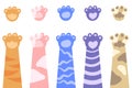 Set of cat`s paws. Colored decorative cat paws in cartoon style