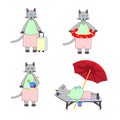 Set of cat on summer holidays. Cute funny cat sunglasses beach cocktail chaise lounge suitcase lifebuoy Isolated objects