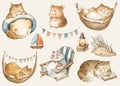 Set of cat on vacation, watercolor whimsical illustration in neutral colors