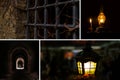 Set catacombs basement ruins castle desolation grille window tunnel kerosene lamp light fascinating adventure fear Royalty Free Stock Photo