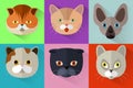 Set of cats heads in flat style. Cute Cats vector pattern. Whiskers and ears. Animal Portrait Set with Flat Design.