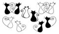 Set of cats. Silhouettes of cute black and white cats with curled tails isolated on a white background. Watercolor illustration.