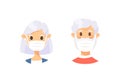 Set of Caucasian elderly male and female characters. Cartoon masked people. Isolated retiree avatars. Flat illustration protected