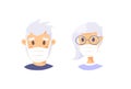 Set of Caucasian elderly male and female characters. Cartoon masked people. Isolated retiree avatars. Flat illustration protected