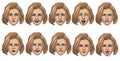 Set of caucasian women head in various face expression