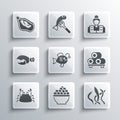 Set Caviar, Seaweed, Sushi on cutting board, Tropical fish, Crab, Lobster or crab claw, Mussel and Fisherman icon