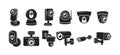 Set Of Cctv Camera Monochrome Icons Isolated On White Background. Elements Collection With Security Electronic Devices