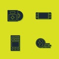 Set CD or DVD disk in box, Coin for game, Create account screen and Portable video console icon. Vector Royalty Free Stock Photo