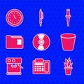 Set CD or DVD disk, Telephone, Plant in pot, Trash can, Coffee machine, Document folder, Push pin and Clock icon. Vector Royalty Free Stock Photo