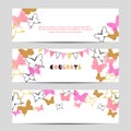 Set of celebration party banners with pink butterflies.