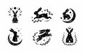 Set of celestial animal silhouettes of rabbit. Magic bunnies. Black magical bunny rabbits, mystic crescent moon esoteric symbol