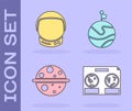 Set Celestial map of the night sky, Astronaut helmet, Planet Saturn and Moon with flag icon. Vector Royalty Free Stock Photo