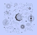 Set of celestial mystic esoteric magic elements sun moon and clouds Different stages of moon, zodiac Signs. Alchemy Royalty Free Stock Photo