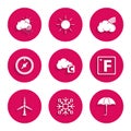 Set Celsius and cloud, Snowflake, Classic elegant opened umbrella, Fahrenheit, Wind turbine, rose, Rainbow with clouds Royalty Free Stock Photo