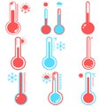 Set of Celsius and fahrenheit meteorology thermometers measuring heat and cold, vector illustration. Thermometer equipment showing