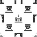 Set Cemetery Digged Grave Hole, Old Crypt And Coffin On Seamless Pattern. Vector