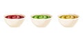 Set ceramic bowl with dip sauces in cartoon style, tomato, mustard, guacamole isolated on white background. Royalty Free Stock Photo