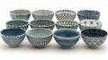 A set of ceramic bowls with unique nerikomi patterns in shades of blue green and white. Royalty Free Stock Photo