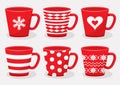 Set of ceramic cups for drinks with different design, red and white colors. Vector Royalty Free Stock Photo